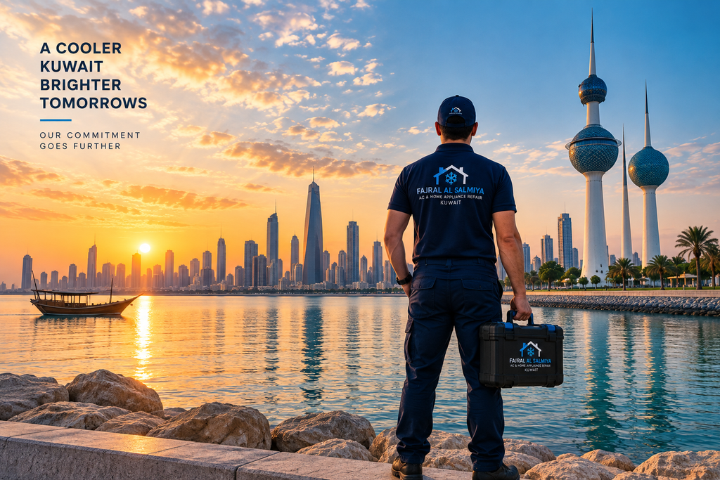 Professional technician standing near the Kuwait Towers, representing reliable home maintenance and repair services in Kuwait.